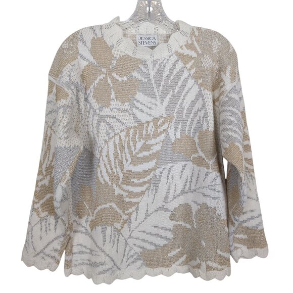 Jessica Stevens Sweaters - Vintage Jessica Stevens Knit Sweater Womens M Beige Ivory Metallic Leaves